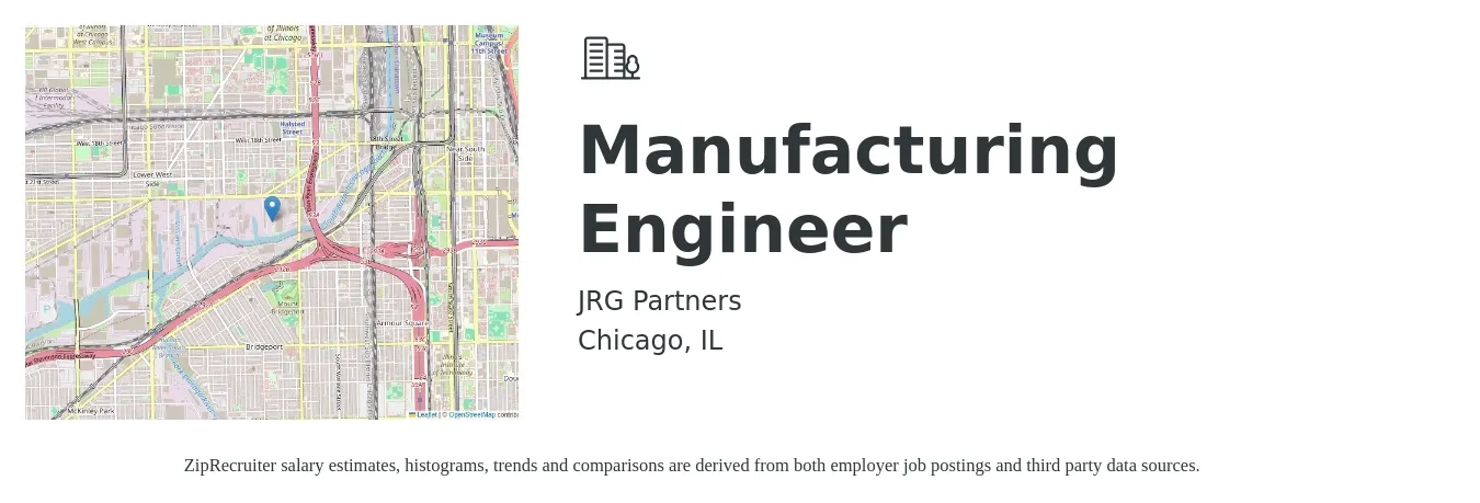 JRG Partners job posting for a Manufacturing Engineer in Chicago, IL with a salary of $75,300 to $96,900 Yearly with a map of Chicago location.