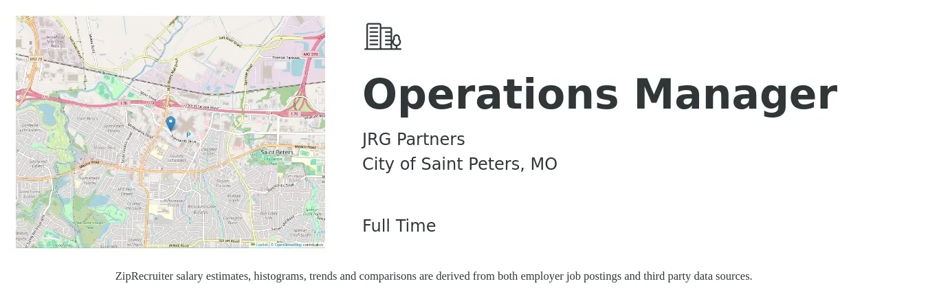 JRG Partners job posting for a Operations Manager in City of Saint Peters, MO with a salary of $39,200 to $74,100 Yearly with a map of City of Saint Peters location.