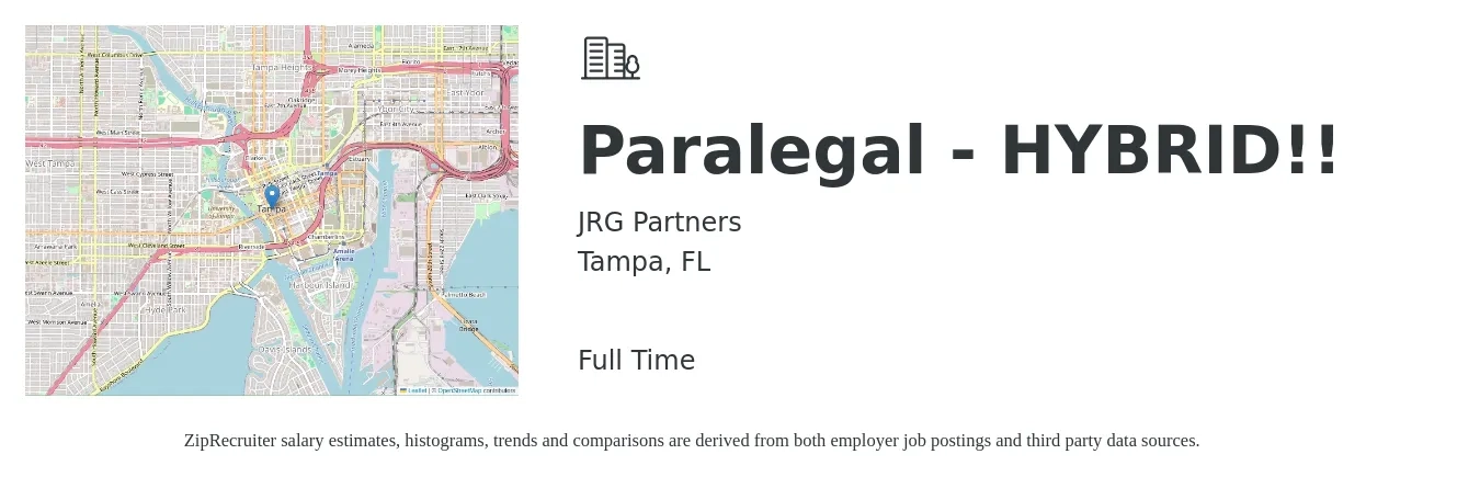 JRG Partners job posting for a Paralegal - HYBRID!! in Tampa, FL with a salary of $45,400 to $64,700 Yearly with a map of Tampa location.