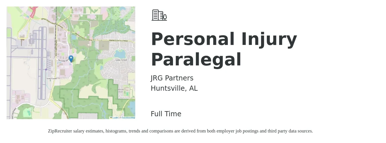 JRG Partners job posting for a Personal Injury Paralegal in Huntsville, AL with a salary of $51,600 to $69,900 Yearly with a map of Huntsville location.