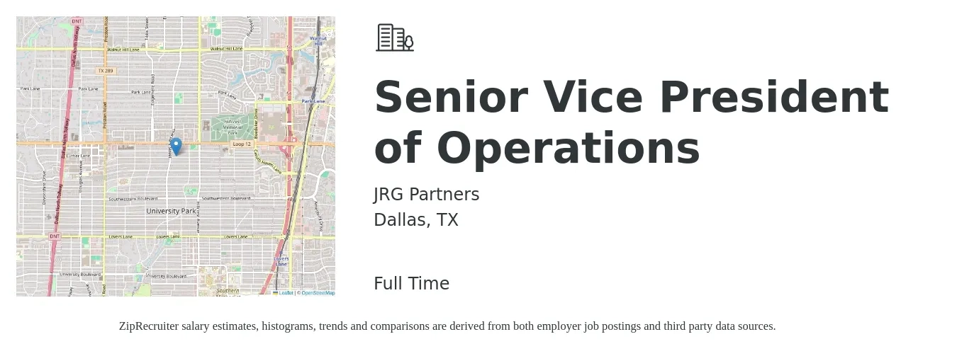 JRG Partners job posting for a Senior Vice President of Operations in Dallas, TX with a salary of $114,300 to $183,100 Yearly with a map of Dallas location.