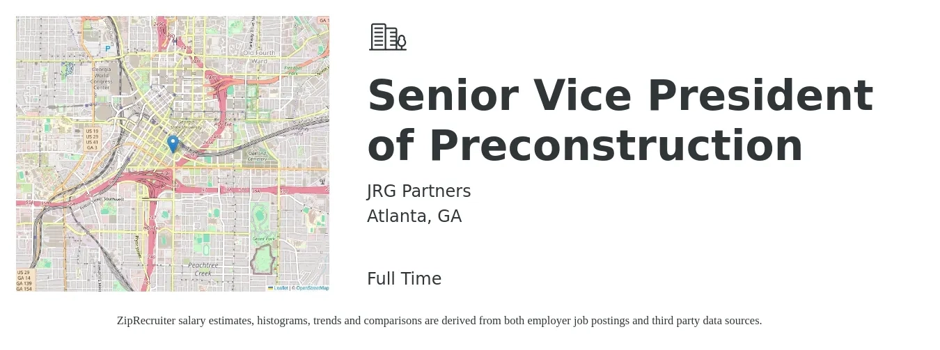 JRG Partners job posting for a Senior Vice President of Preconstruction in Atlanta, GA with a salary of $112,800 to $186,400 Yearly with a map of Atlanta location.