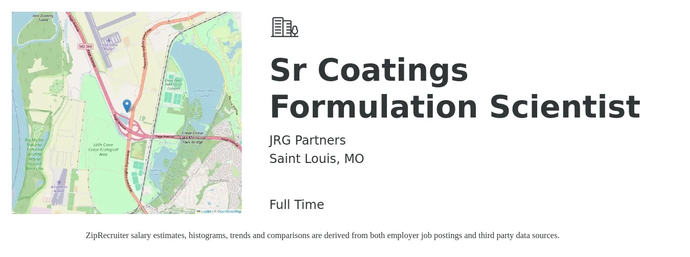 JRG Partners job posting for a Sr Coatings Formulation Scientist in Saint Louis, MO with a salary of $98,200 to $145,200 Yearly with a map of Saint Louis location.