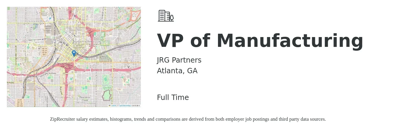 JRG Partners job posting for a VP of Manufacturing in Atlanta, GA with a salary of $151,600 to $193,700 Yearly with a map of Atlanta location.