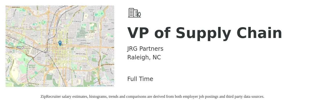 JRG Partners job posting for a VP of Supply Chain in Raleigh, NC with a salary of $126,400 to $188,600 Yearly with a map of Raleigh location.