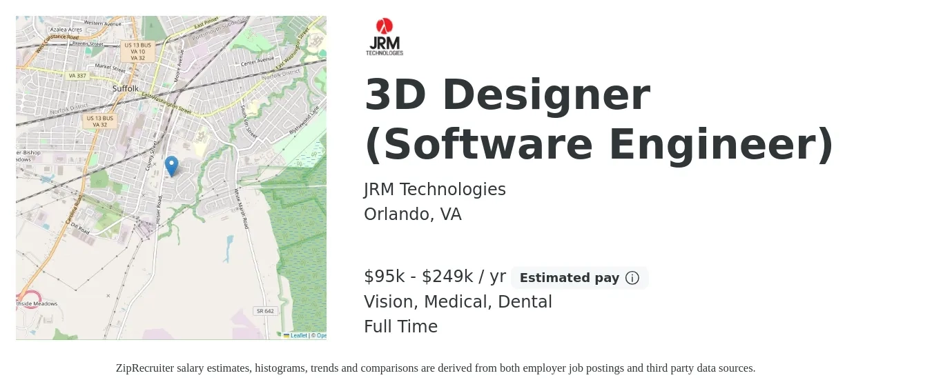 JRM Technologies job posting for a 3D Designer (Software Engineer) in Orlando, VA with a salary of $95,000 to $249,000 Yearly and benefits including medical, pto, retirement, vision, and dental with a map of Orlando location.
