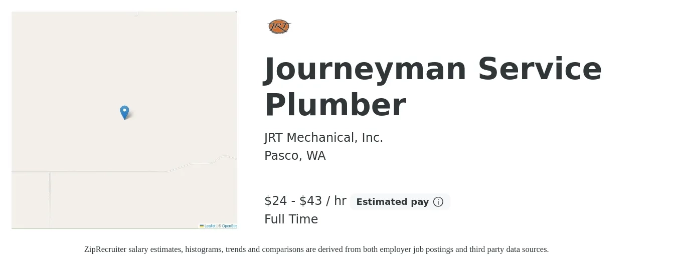 JRT Mechanical, Inc. job posting for a Journeyman Service Plumber in Pasco, WA with a salary of $25 to $45 Hourly with a map of Pasco location.