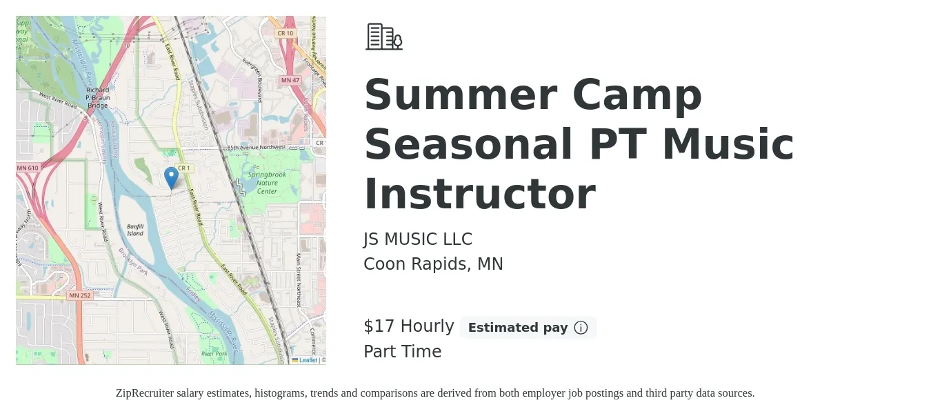 JS MUSIC LLC job posting for a Summer Camp Seasonal PT Music Instructor in Coon Rapids, MN with a salary of $18 Hourly and benefits including pto with a map of Coon Rapids location.