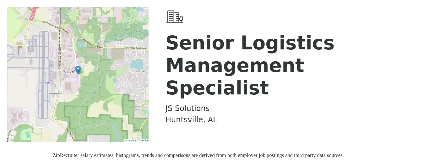 JS Solutions job posting for a Senior Logistics Management Specialist in Huntsville, AL with a salary of $67,100 to $106,100 Yearly with a map of Huntsville location.