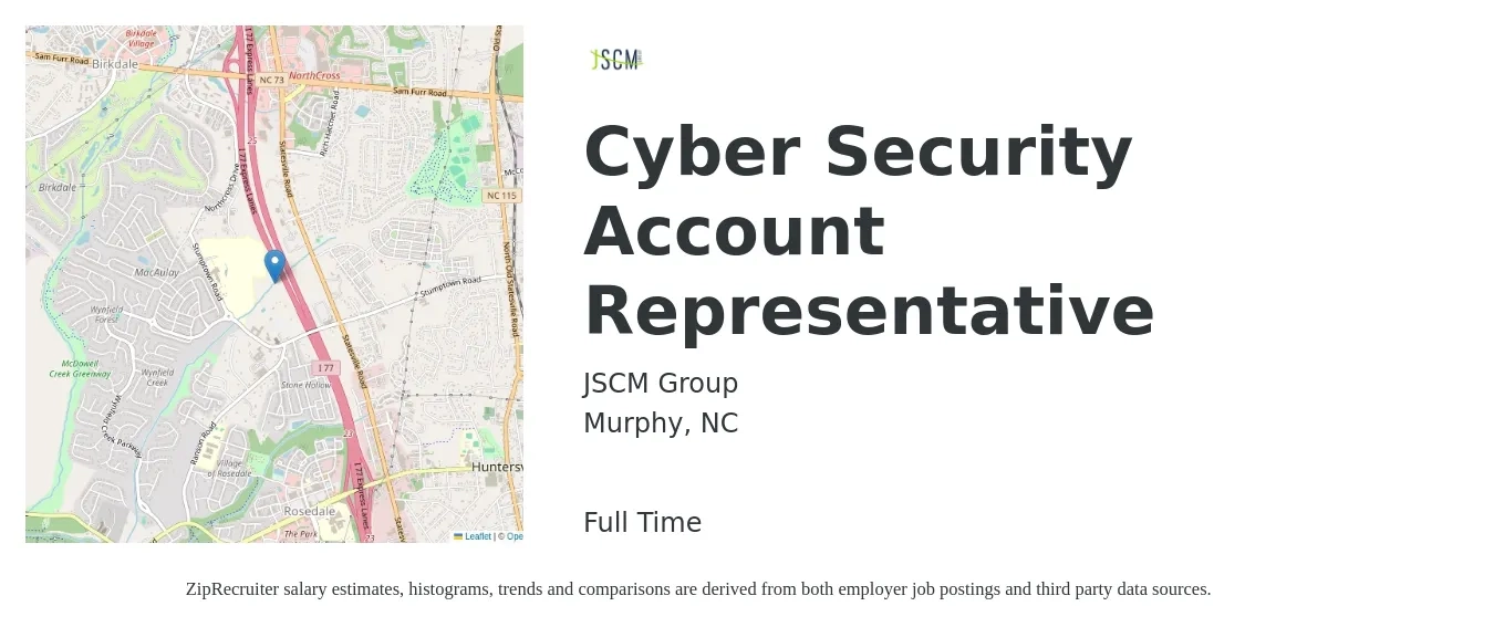 JSCM Group job posting for a Cyber Security Account Representative in Murphy, NC with a salary of $60,100 to $87,900 Yearly with a map of Murphy location.