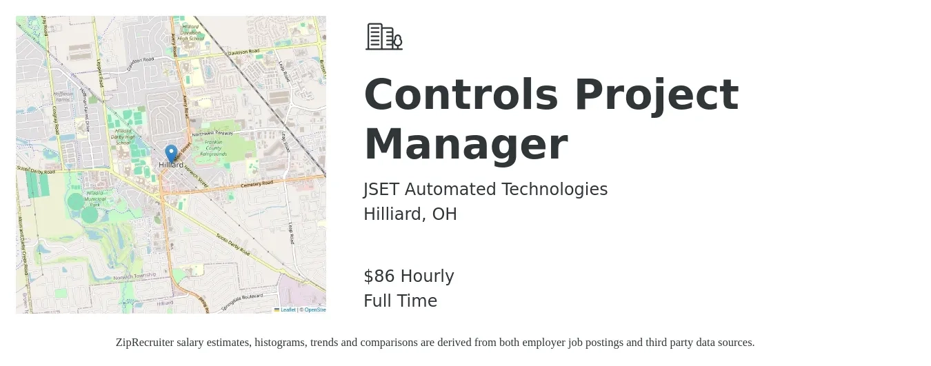 JSET Automated Technologies job posting for a Controls Project Manager in Hilliard, OH with a salary of $90 Hourly with a map of Hilliard location.