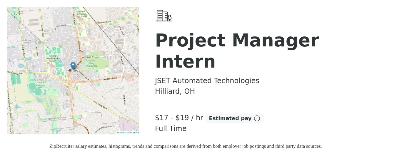 JSET Automated Technologies job posting for a Project Manager Intern in Hilliard, OH with a salary of $18 to $20 Hourly with a map of Hilliard location.