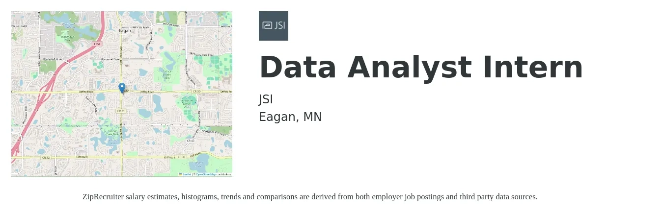 JSI job posting for a Data Analyst Intern in Eagan, MN with a salary of $18 to $26 Hourly with a map of Eagan location.