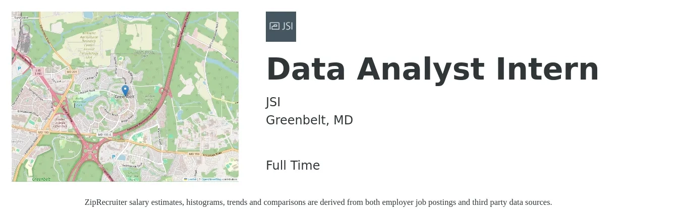 JSI job posting for a Data Analyst Intern in Greenbelt, MD with a salary of $18 to $26 Hourly with a map of Greenbelt location.