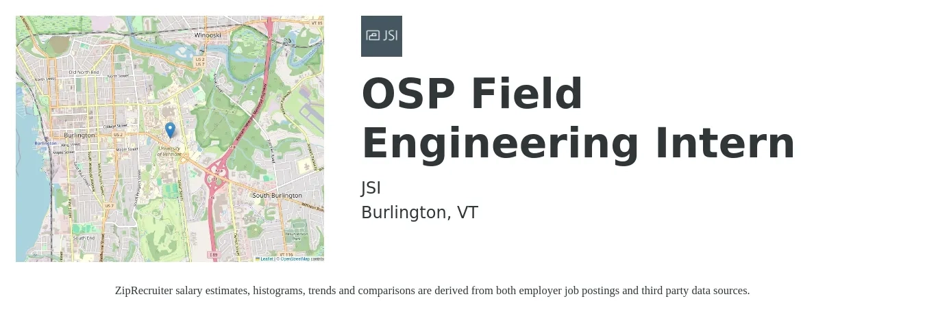 JSI job posting for a OSP Field Engineering Intern in Burlington, VT with a salary of $17 to $22 Hourly with a map of Burlington location.