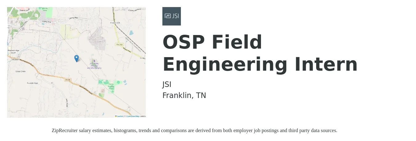 JSI job posting for a OSP Field Engineering Intern in Franklin, TN with a salary of $16 to $22 Hourly with a map of Franklin location.