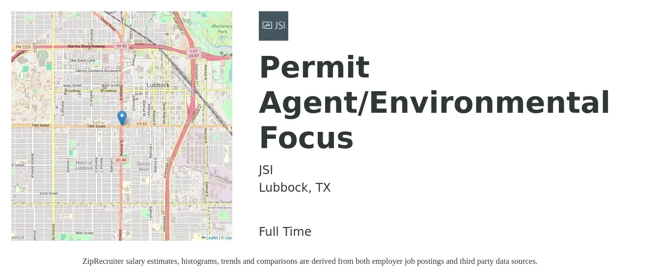 JSI job posting for a Permit Agent/Environmental Focus in Lubbock, TX with a salary of $19 to $31 Hourly with a map of Lubbock location.
