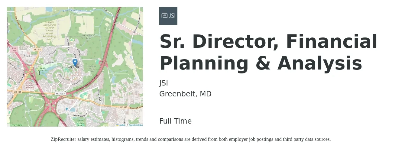 JSI job posting for a Sr. Director, Financial Planning & Analysis in Greenbelt, MD with a salary of $123,400 to $162,200 Yearly with a map of Greenbelt location.