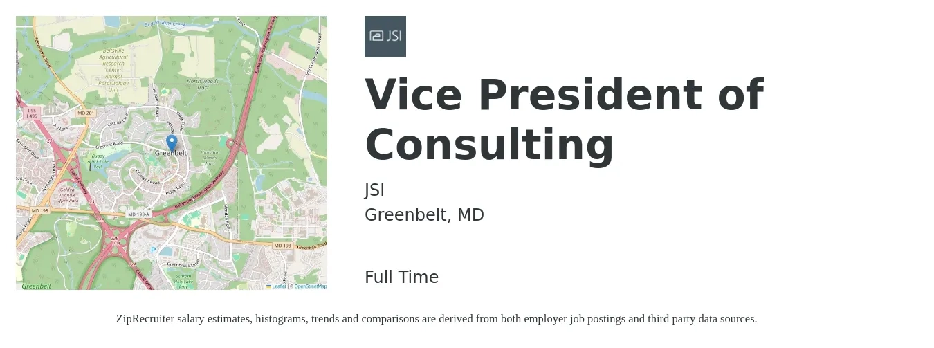 JSI job posting for a Vice President of Consulting in Greenbelt, MD with a salary of $115,900 to $191,500 Yearly with a map of Greenbelt location.