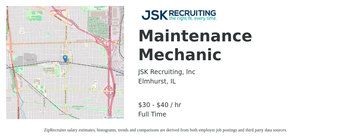 JSK Recruiting, Inc job posting for a Maintenance Mechanic in Elmhurst, IL with a salary of $32 to $42 Hourly with a map of Elmhurst location.