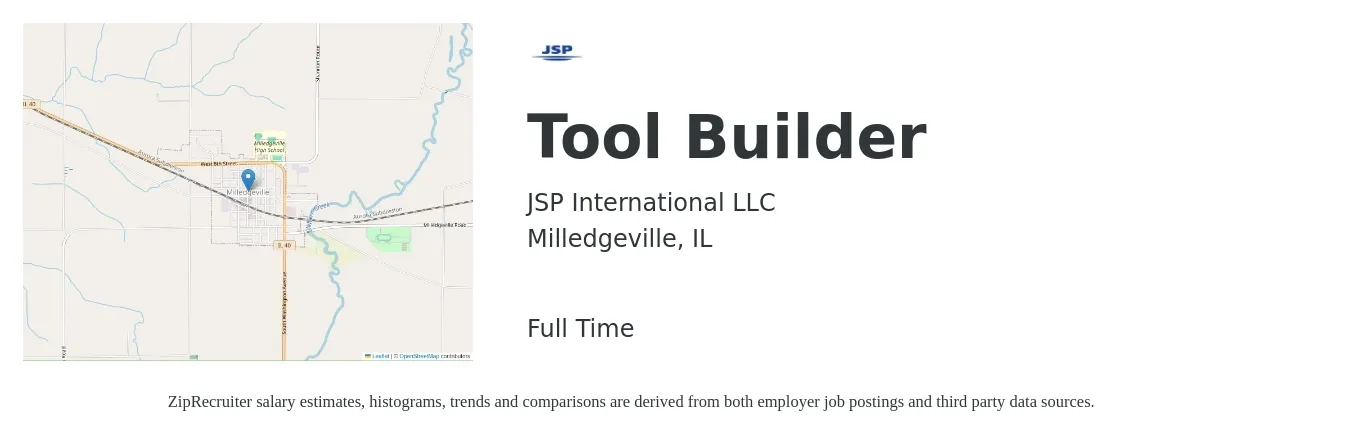 JSP International job posting for a Tool Builder in Milledgeville, IL with a salary of $21 to $26 Hourly with a map of Milledgeville location.