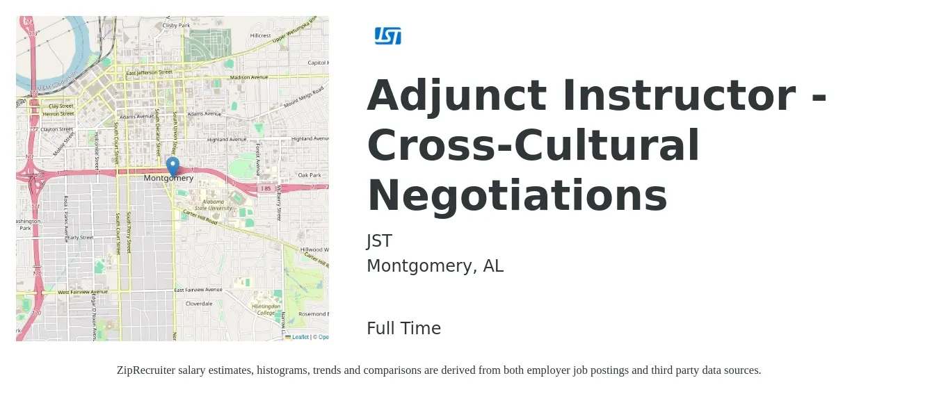 JST job posting for a Adjunct Instructor - Cross-Cultural Negotiations in Montgomery, AL with a salary of $28 to $57 Hourly with a map of Montgomery location.