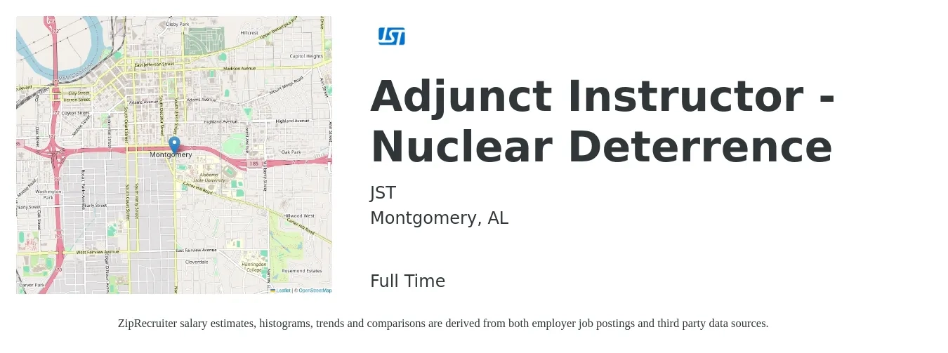 JST job posting for a Adjunct Instructor - Nuclear Deterrence in Montgomery, AL with a salary of $28 to $57 Hourly with a map of Montgomery location.