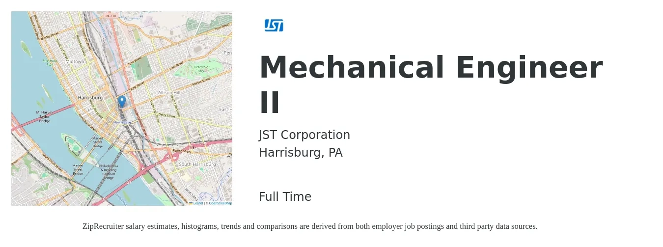 JST Corporation job posting for a Mechanical Engineer II in Harrisburg, PA with a salary of $80,500 to $124,900 Yearly with a map of Harrisburg location.