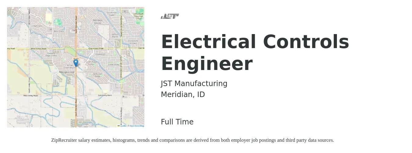 JST Manufacturing job posting for a Electrical Controls Engineer in Meridian, ID with a salary of $75,400 to $100,900 Yearly with a map of Meridian location.