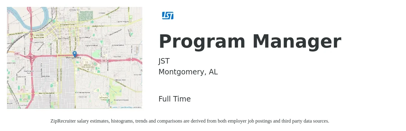 JST job posting for a Program Manager in Montgomery, AL with a salary of $75,500 to $125,800 Yearly with a map of Montgomery location.