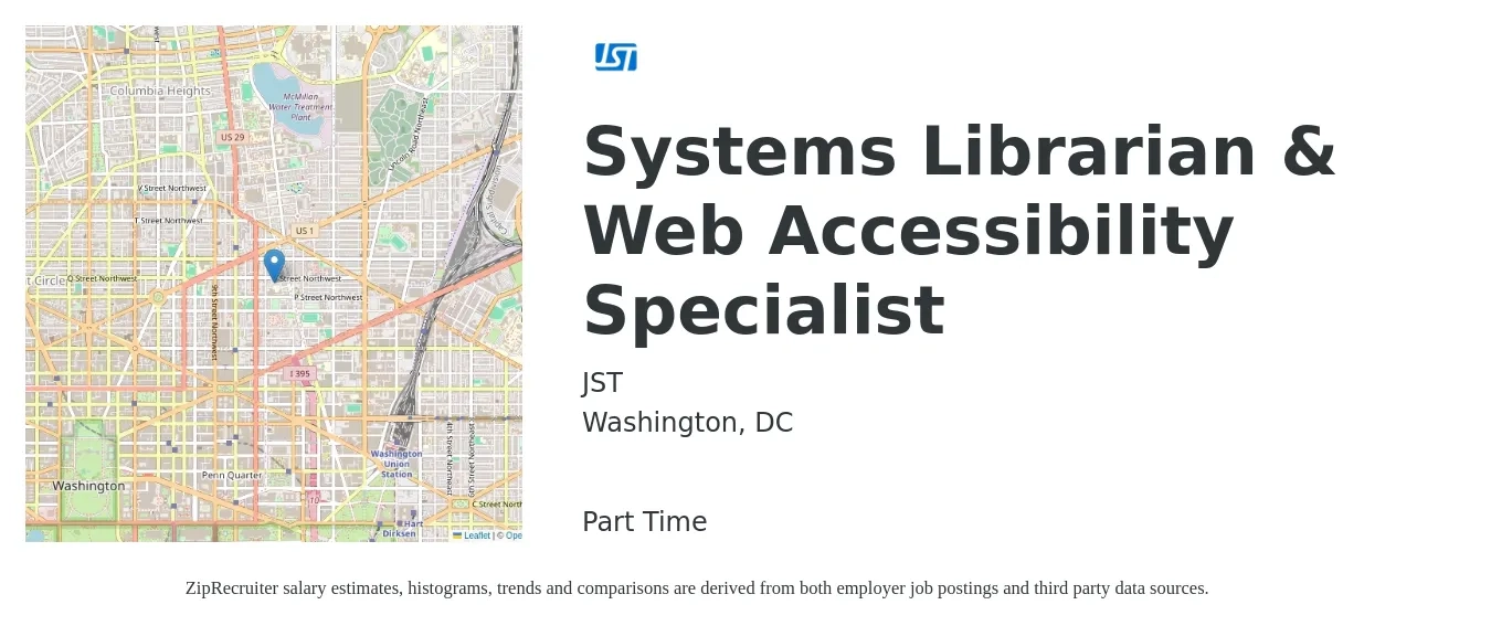 JST job posting for a Systems Librarian & Web Accessibility Specialist in Washington, DC with a salary of $62,300 to $80,400 Yearly with a map of Washington location.