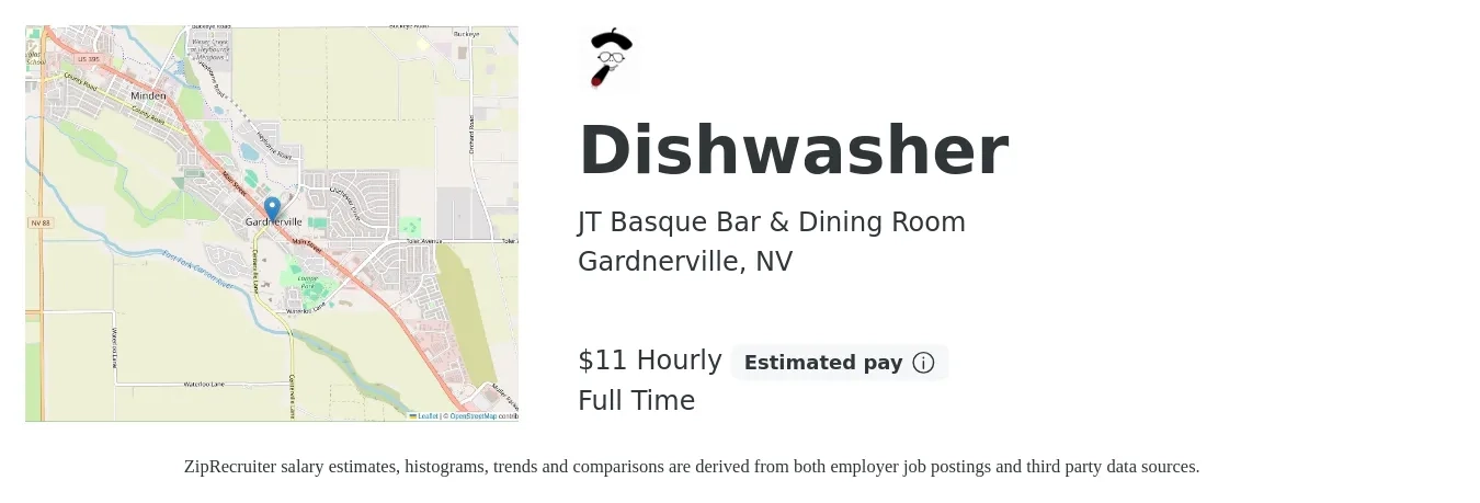 JT Basque Bar & Dining Room job posting for a Dishwasher in Gardnerville, NV with a salary of $12 Hourly with a map of Gardnerville location.