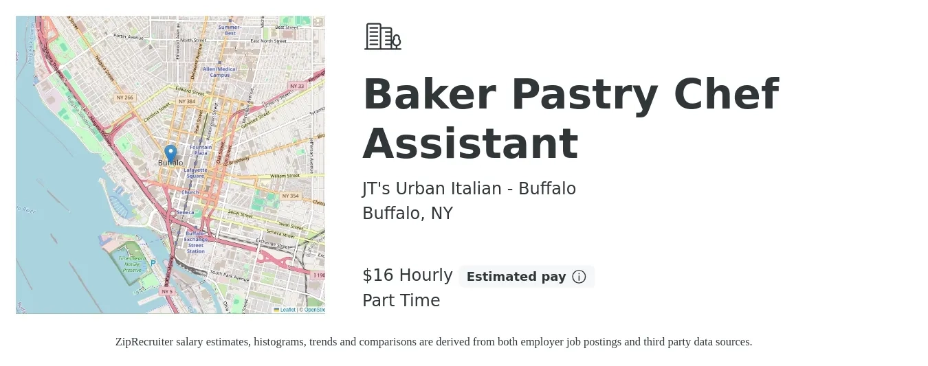 JT's Urban Italian - Buffalo job posting for a Baker Pastry Chef Assistant in Buffalo, NY with a salary of $17 Hourly with a map of Buffalo location.