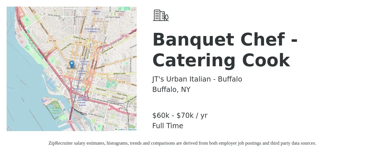 JT's Urban Italian - Buffalo job posting for a Banquet Chef - Catering Cook in Buffalo, NY with a salary of $60,000 to $70,000 Yearly with a map of Buffalo location.