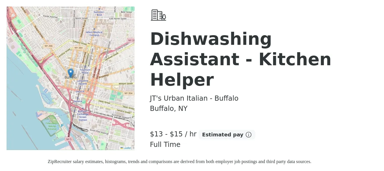 JT's Urban Italian - Buffalo job posting for a Dishwashing Assistant - Kitchen Helper in Buffalo, NY with a salary of $14 to $16 Hourly with a map of Buffalo location.