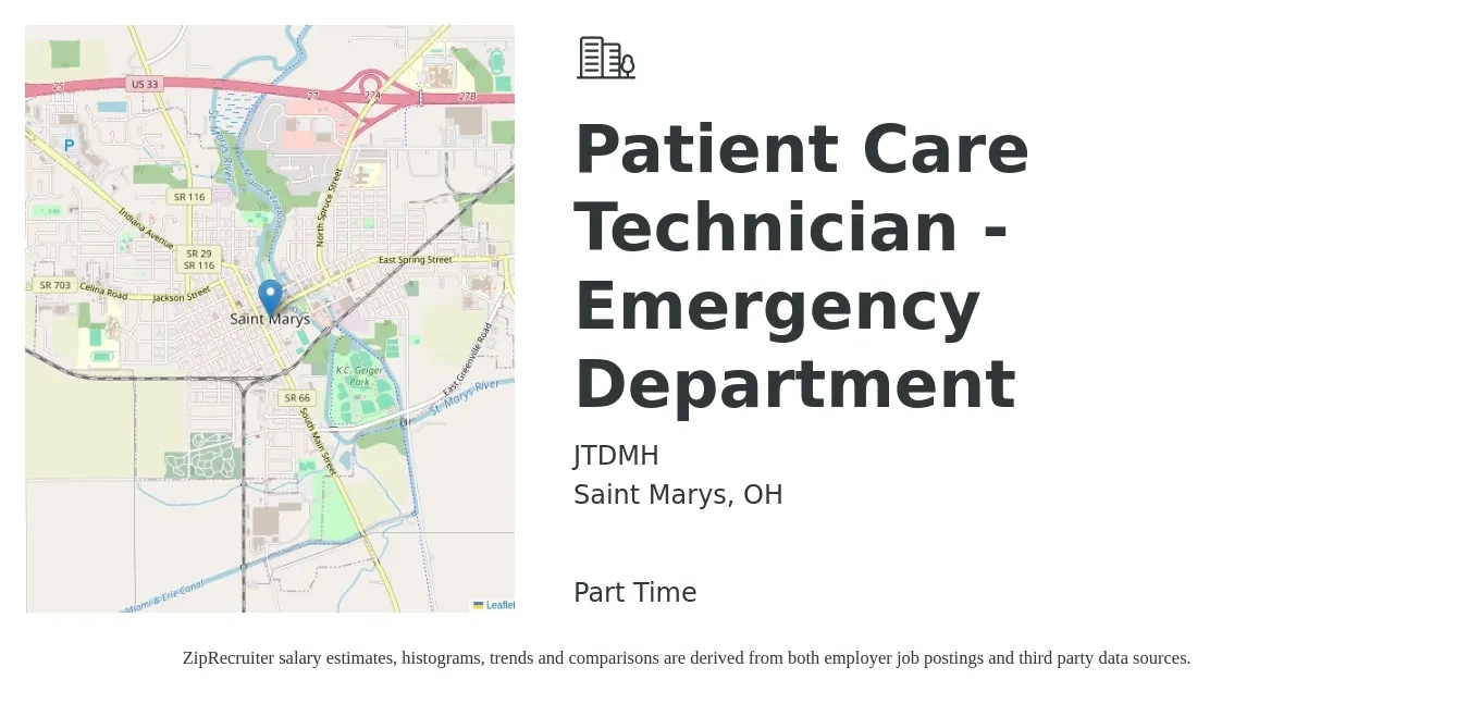 JTDMH job posting for a Patient Care Technician - Emergency Department in Saint Marys, OH with a salary of $16 to $26 Hourly with a map of Saint Marys location.