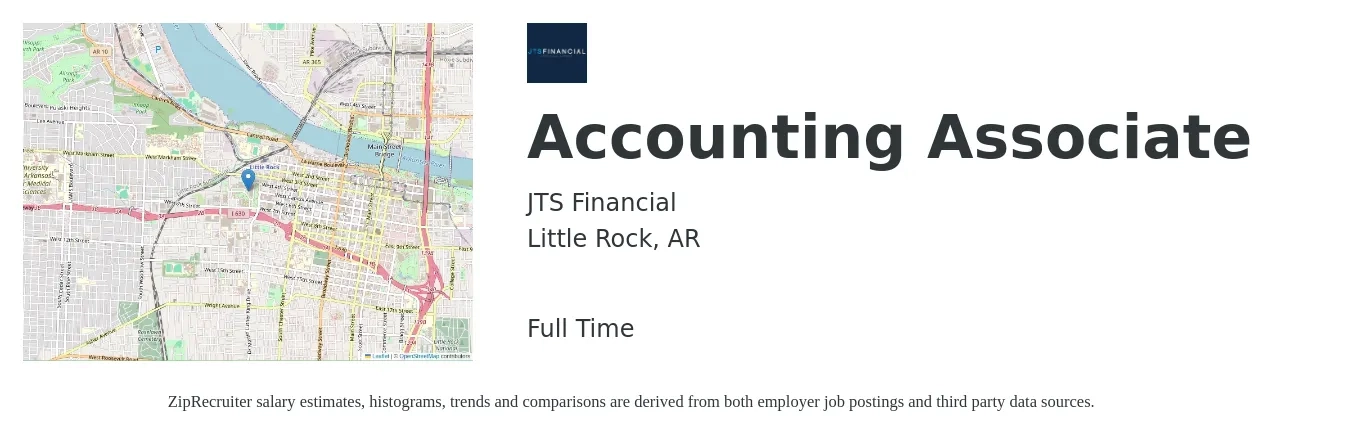JTS Financial job posting for a Accounting Associate in Little Rock, AR with a salary of $19 to $26 Hourly with a map of Little Rock location.
