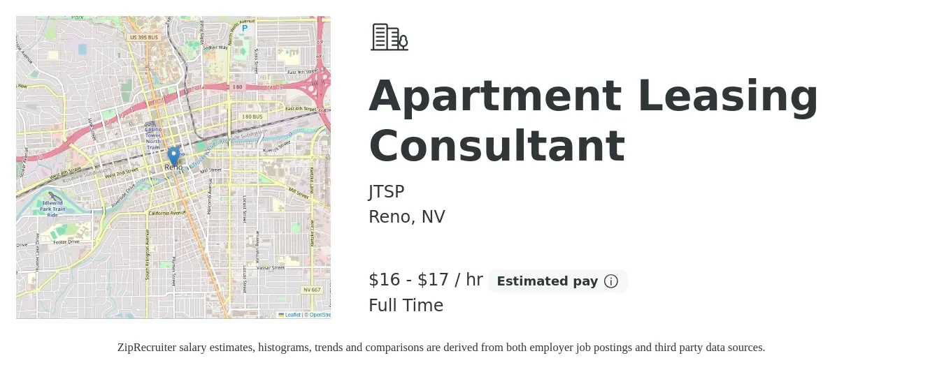 JTSP job posting for a Apartment Leasing Consultant in Reno, NV with a salary of $17 to $18 Hourly with a map of Reno location.