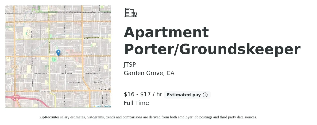 JTSP job posting for a Apartment Porter/Groundskeeper in Garden Grove, CA with a salary of $17 to $18 Hourly with a map of Garden Grove location.