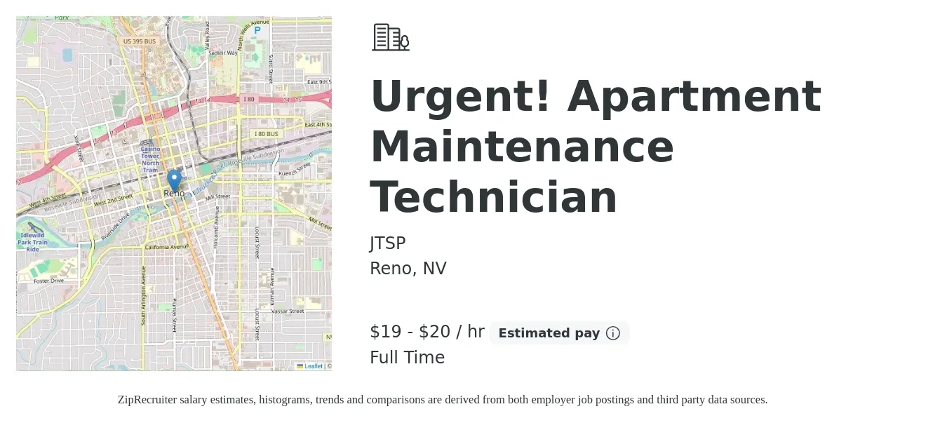 JTSP job posting for a Urgent! Apartment Maintenance Technician in Reno, NV with a salary of $20 to $21 Hourly with a map of Reno location.