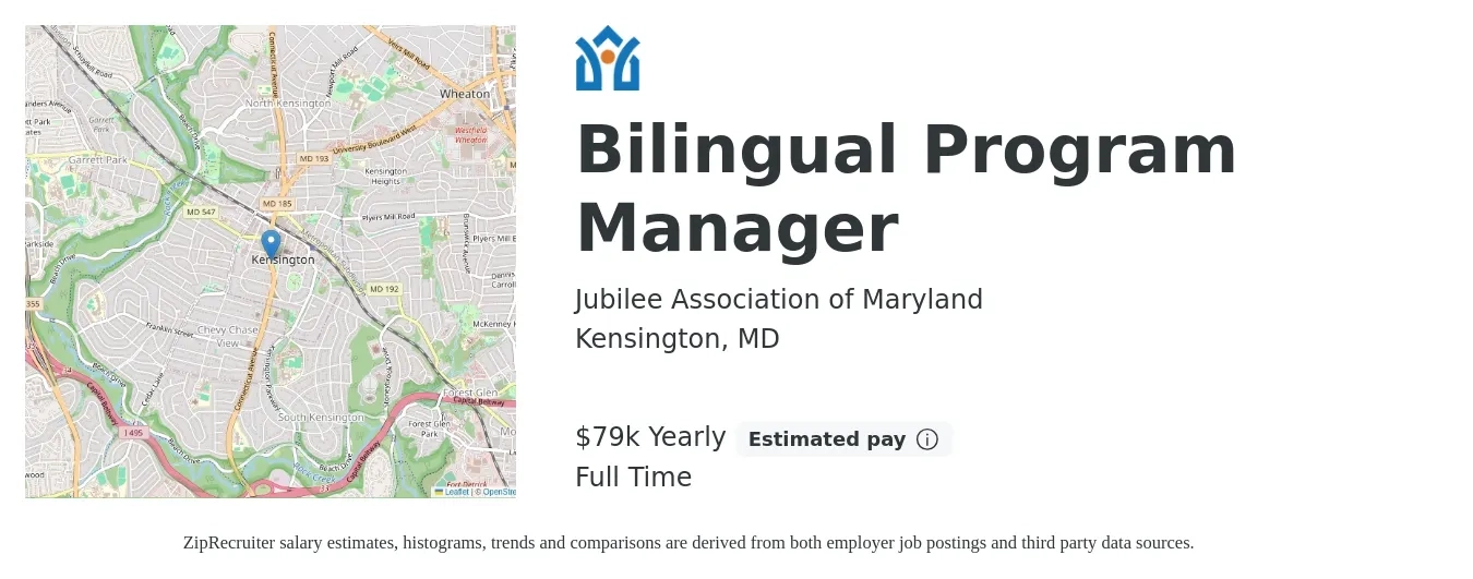 Jubilee Association of Maryland job posting for a Bilingual Program Manager in Kensington, MD with a salary of $79,000 Yearly with a map of Kensington location.