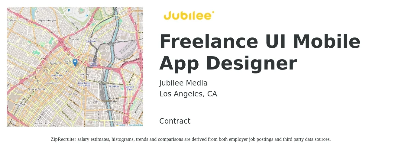 Jubilee Media job posting for a Freelance UI Mobile App Designer in Los Angeles, CA with a salary of $43 to $68 Hourly with a map of Los Angeles location.