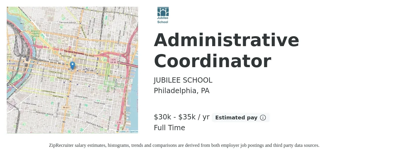 JUBILEE SCHOOL job posting for a Administrative Coordinator in Philadelphia, PA with a salary of $30,000 to $35,000 Yearly with a map of Philadelphia location.