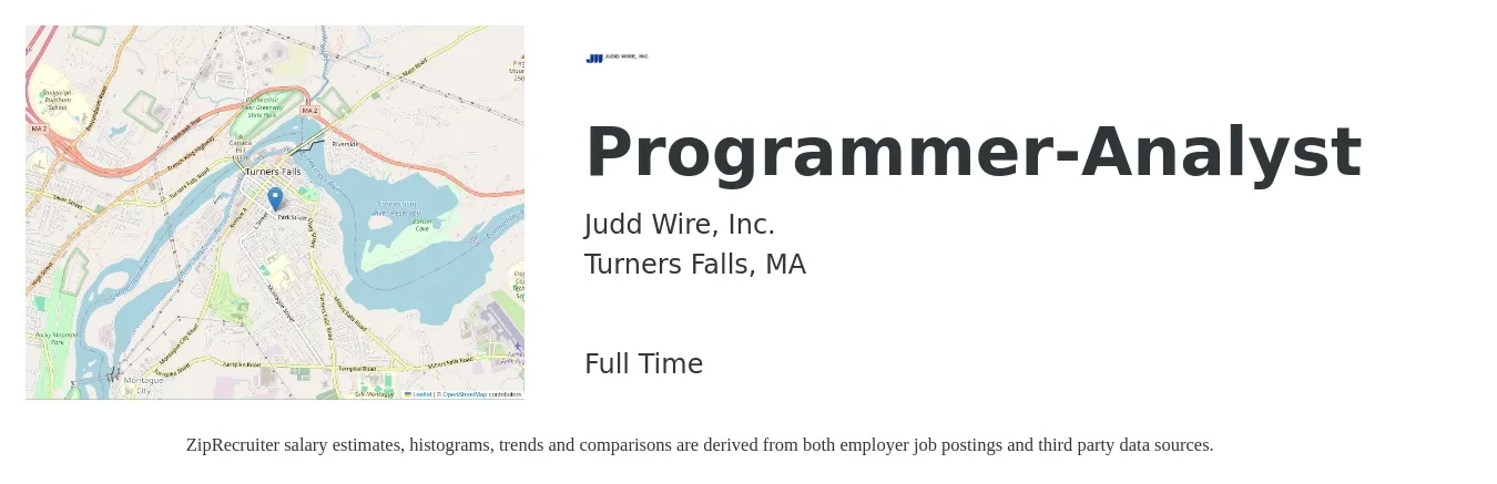 Judd Wire, Inc. job posting for a Programmer-Analyst in Turners Falls, MA with a salary of $35 to $54 Hourly with a map of Turners Falls location.