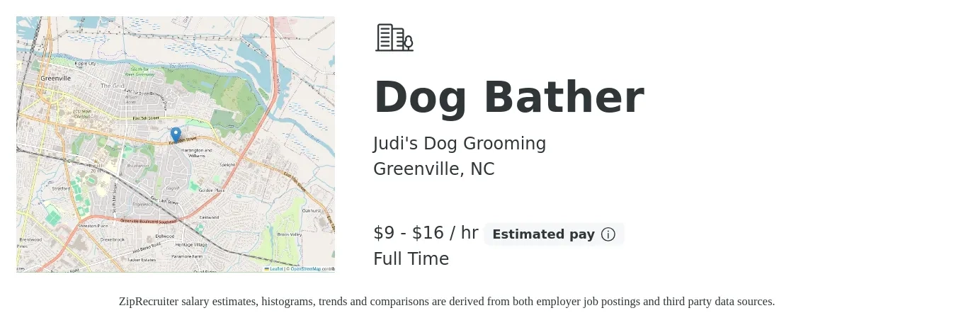 Judi's Dog Grooming job posting for a Dog Bather in Greenville, NC with a salary of $10 to $17 Hourly with a map of Greenville location.