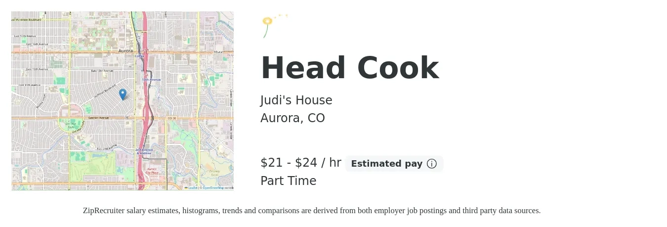 Judi's House job posting for a Head Cook in Aurora, CO with a salary of $22 to $26 Hourly with a map of Aurora location.