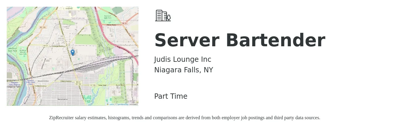 Judis Lounge Inc job posting for a Server Bartender in Niagara Falls, NY with a salary of $10 to $18 Hourly with a map of Niagara Falls location.