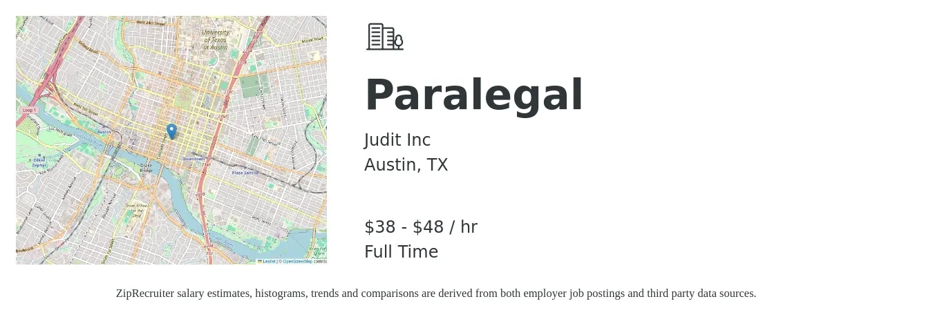 Judit Inc job posting for a Paralegal in Austin, TX with a salary of $40 to $50 Hourly with a map of Austin location.