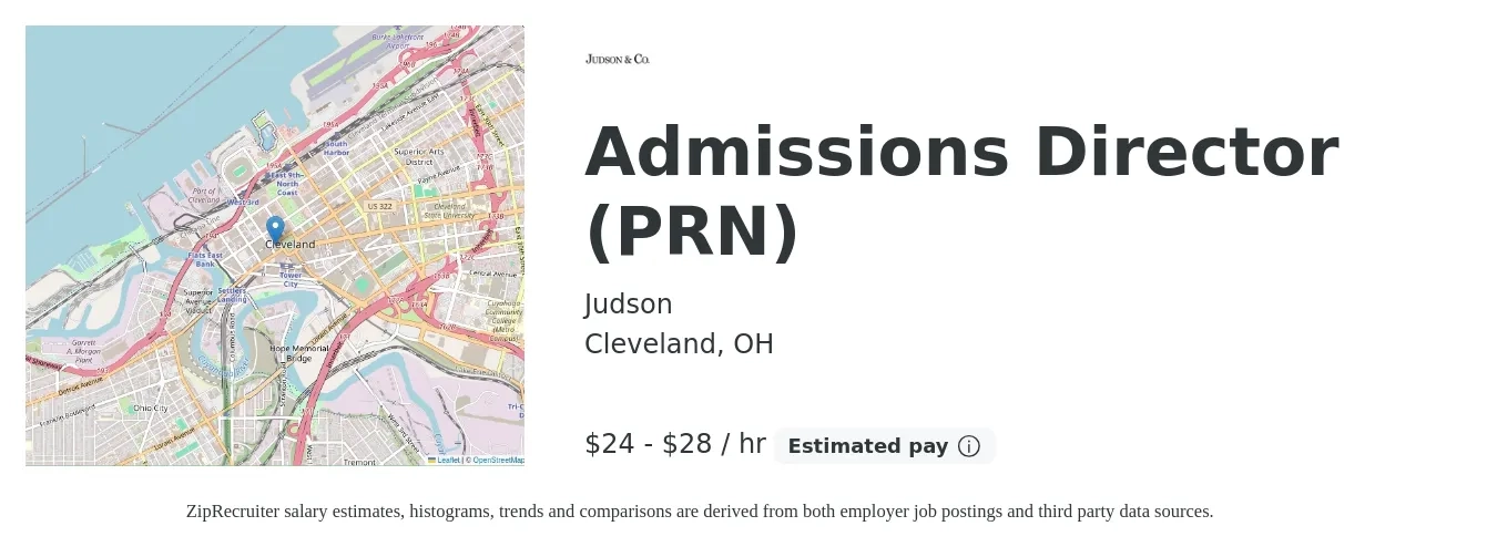 Judson job posting for a Admissions Director (PRN) in Cleveland, OH with a salary of $25 to $30 Hourly with a map of Cleveland location.