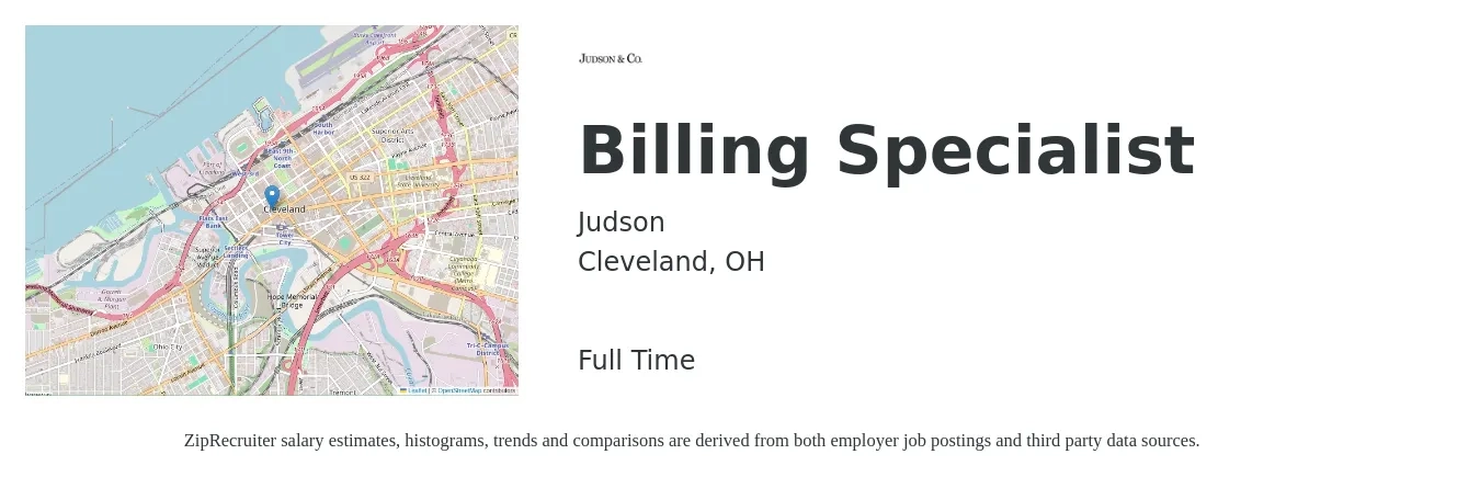 Judson job posting for a Billing Specialist in Cleveland, OH with a salary of $18 to $24 Hourly with a map of Cleveland location.